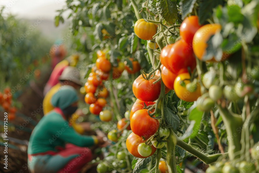 Ripe tomatoes on a vine in a tomato farm, with out of focus workers in the background.. Ripe tomatoes on a vine in a tomato farm, with out of focus workers in the background..