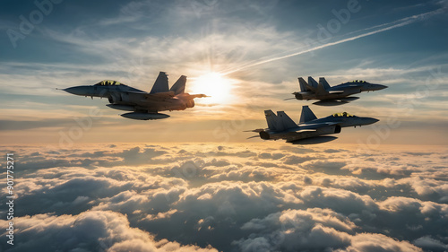 Fighter jets fly above the clouds