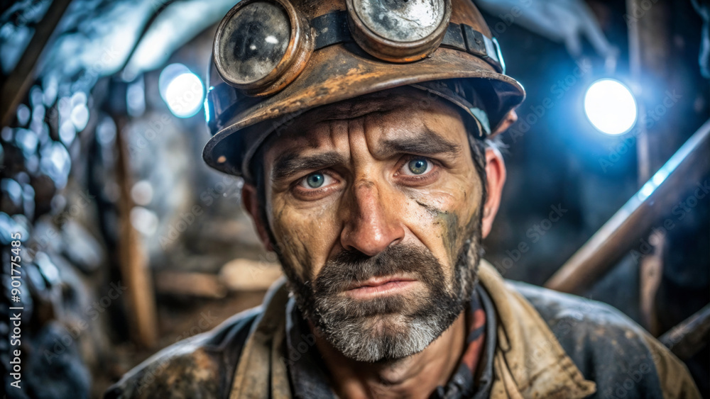 A miner with a tired look, wearing a protective helmet with goggles and a flashlight, stands in a poorly lit underground mine A miner with a tired look, wearing a protective helmet with goggles and a flashlight, stands in a poorly lit underground mine