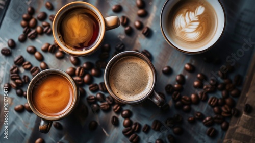 Assorted coffee drinks with beans