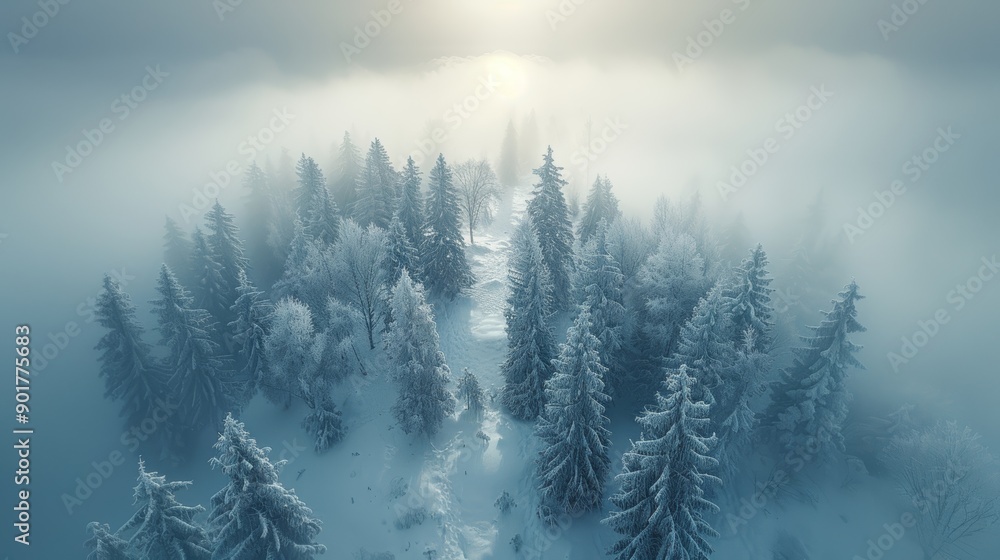 Obraz premium Enchanting Winter Landscape With Snow-Covered Trees Under Soft Morning Light. Generative AI