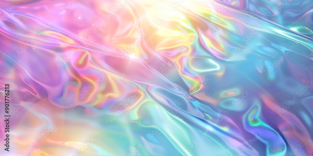 A colorful, iridescent fabric with a rainbow pattern. The colors are bright and vibrant, creating a sense of energy and excitement. The fabric appears to be made of a shiny, reflective material A colorful, iridescent fabric with a rainbow pattern. The colors are bright and vibrant, creating a sense of energy and excitement. The fabric appears to be made of a shiny, reflective material