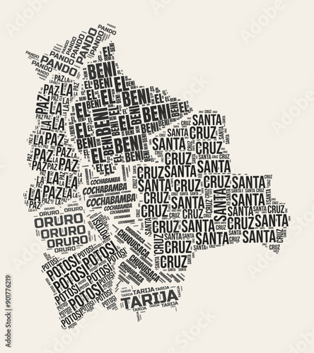 Bolivia Word Cloud. Country with regional division. Bolivia typographic text clouds vector image design. Vintage gazette style country shape image. Modern vector illustration.
