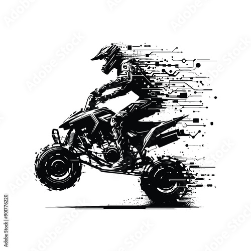 atv sport male player with cyberpunk, glitch pattern illustration, emblem shield badge