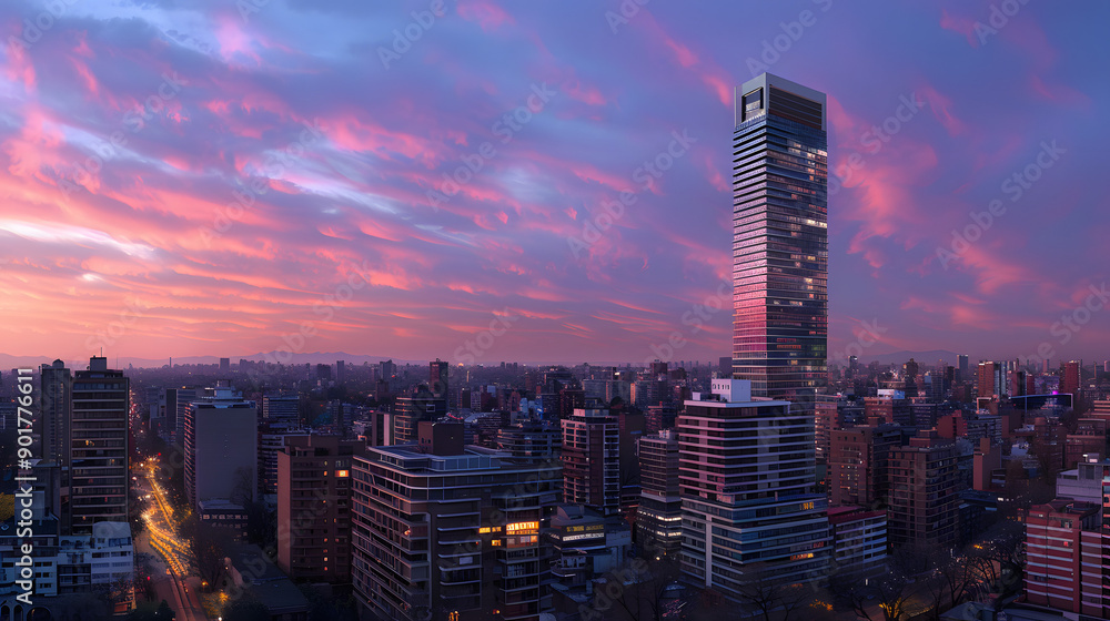 Obraz premium Luxurious Skyscraper Contrasting with Humble Neighborhood, Symbolizing Wealth Distribution