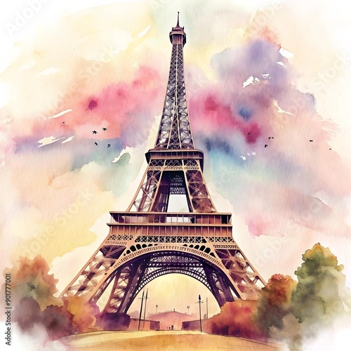 Illustration of the Eiffel Tower, symbol of France, host of the Summer Olympic Games in Paris 2024, in watercolor