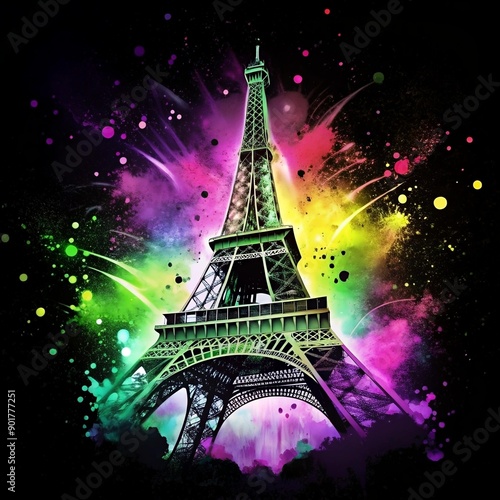 Image of the Eiffel Tower, symbol of France, host of the Summer Olympic Games in Paris 2024, inspired by pop art on a black background with splashes of neon paint