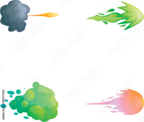 Blast motion icons set cartoon vector. Gun flashes or gunshot animation. Cartoon flash effect