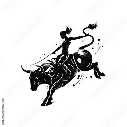 bull riding sport female player with cyberpunk, glitch pattern illustration, emblem shield badge