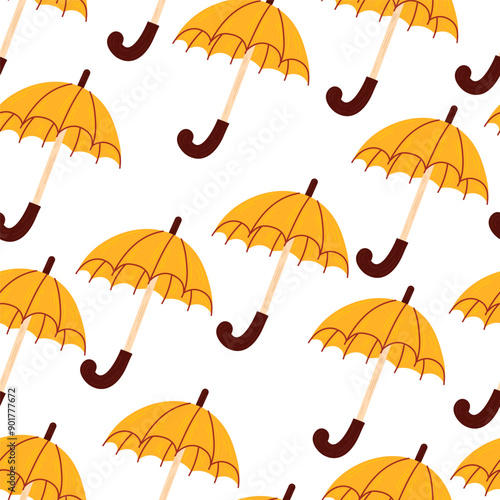 Simple seamless autumn pattern with umbrella. With autumn leaves, umberella, glasses, rainy cloud, hearts, hot coffee. For wallpaper, gift paper, pattern fills, backgrounds, greeting cards.