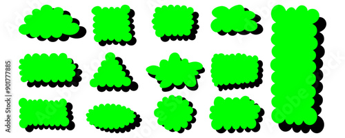 Set of scallop edge frames. Colored text box with frill. Blank speech bubbles in Y2K, groovy, retro style