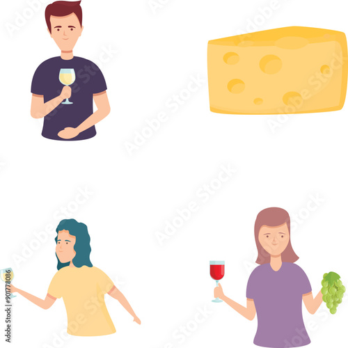 Sommelier icons set cartoon vector. Professional expert doing wine tasting. Look, aroma, taste appreciation