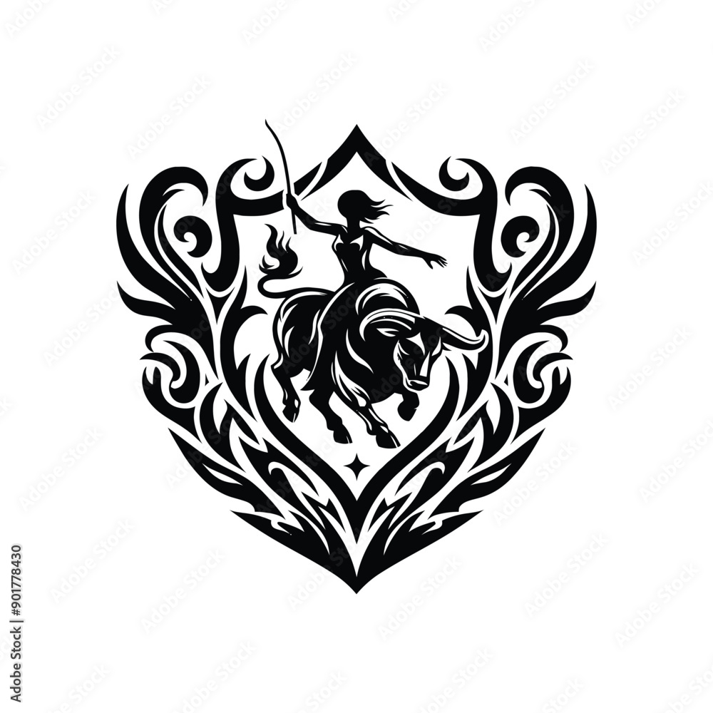 bull riding sport female player with ethnic tribal tattoo, gothic, pattern illustration, emblem shield badge bull riding sport female player with ethnic tribal tattoo, gothic, pattern illustration, emblem shield badge