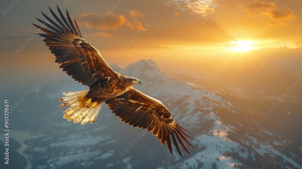 Obraz premium Majestic golden eagle is flying over a valley of snowy mountain peaks with the sun setting in the background