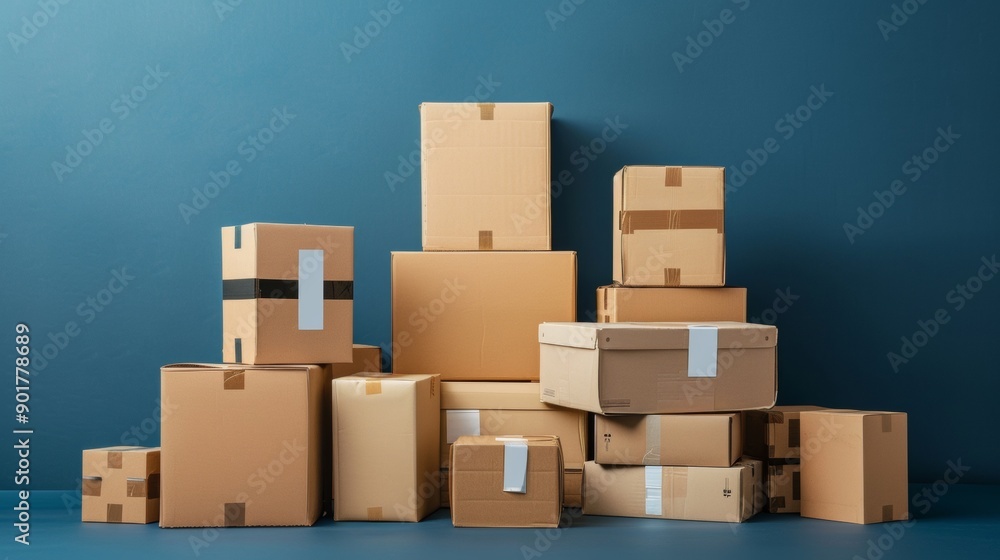Stacked cardboard boxes on blue background Stacked cardboard boxes on blue background