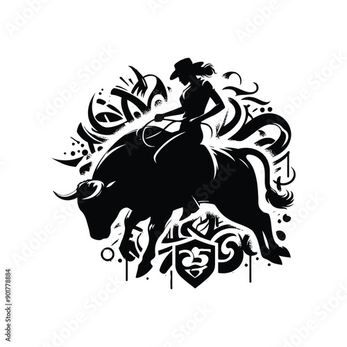 bull riding sport female player with graffiti tags, street art pattern illustration, emblem shield badge
