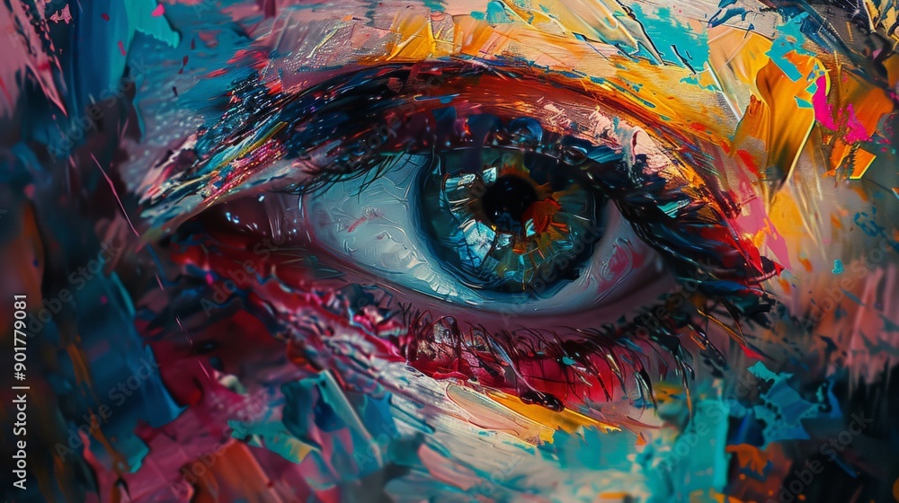 Fototapeta premium Close-up of an eye within a vibrant, abstract painting. Rich colors and brushstrokes create a striking, artistic composition.