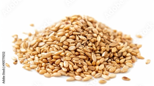 Front view of a wooden scoop filled with Organic White Sesame seeds (Sesamum indicum) or Til. Isolated on a white background. 