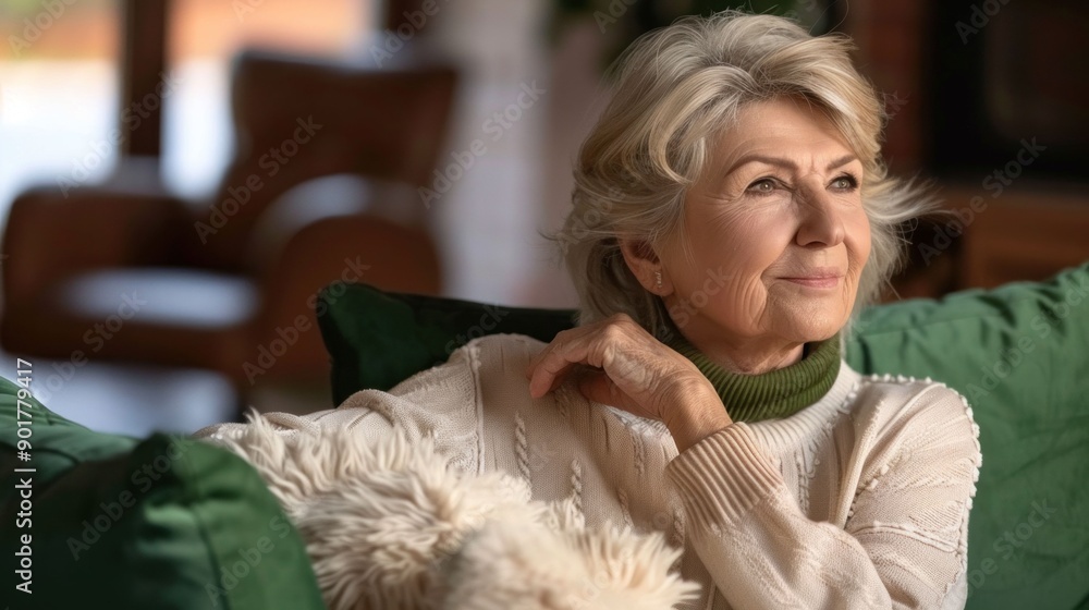Senior woman relaxing on a sofa, thoughtfully gazing out of a window with a serene expression Green cushions and cozy interior enhance the warm atmosphere Senior woman relaxing on a sofa, thoughtfully gazing out of a window with a serene expression Green cushions and cozy interior enhance the warm atmosphere