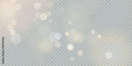 Sparkling Christmas gold particles of bright bokeh, glowing bokeh lights and glitter isolated on transparent background.