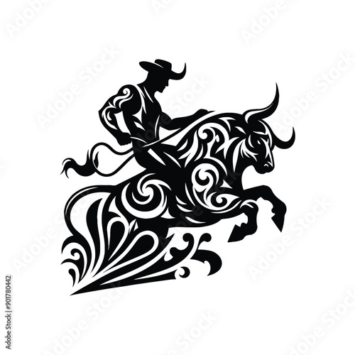 bull riding sport male player with ethnic tribal tattoo, gothic, pattern illustration, emblem shield badge