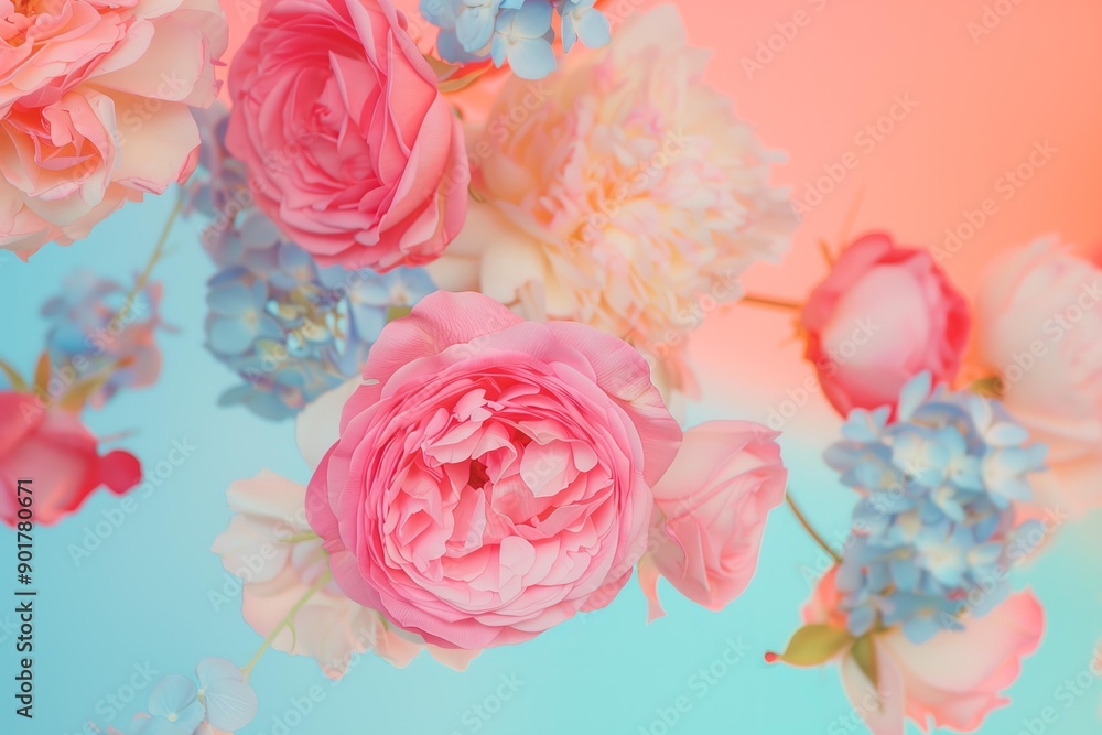 Fototapeta premium big flying roses and peonies in pastel pastel pink colors and blue hydrangeas on a pastel blue, orange, pink gradient background