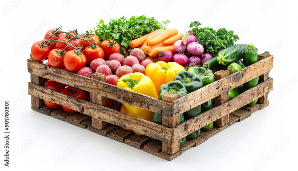 Wooden crate filled with fresh colorful vegetables on white background Wooden crate filled with fresh colorful vegetables on white background