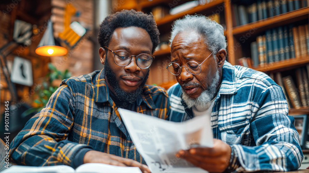 Two men, young and older, in glasses and plaid shirts, read together in the library, immersed in the book in front of them Two men, young and older, in glasses and plaid shirts, read together in the library, immersed in the book in front of them
