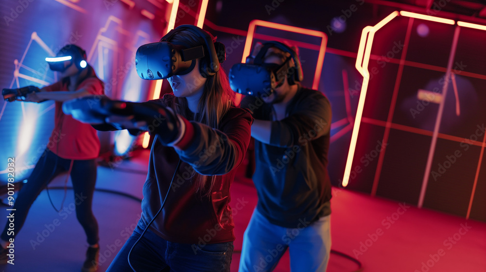 Fototapeta premium Immersive Virtual Reality: People Exploring Dynamic Futuristic Worlds