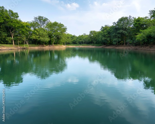 A lake surrounded by protected forest, biodiversity conservation, serene environment