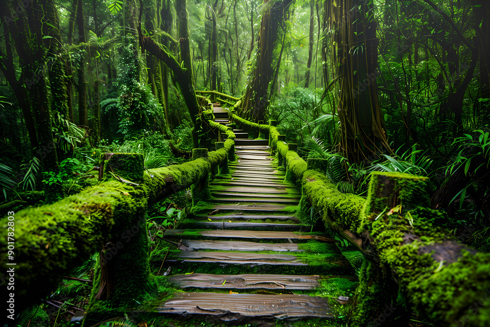A mossy wooden bridge winds its way through lush, green leaves in a tropical setting. A mossy wooden bridge winds its way through lush, green leaves in a tropical setting.