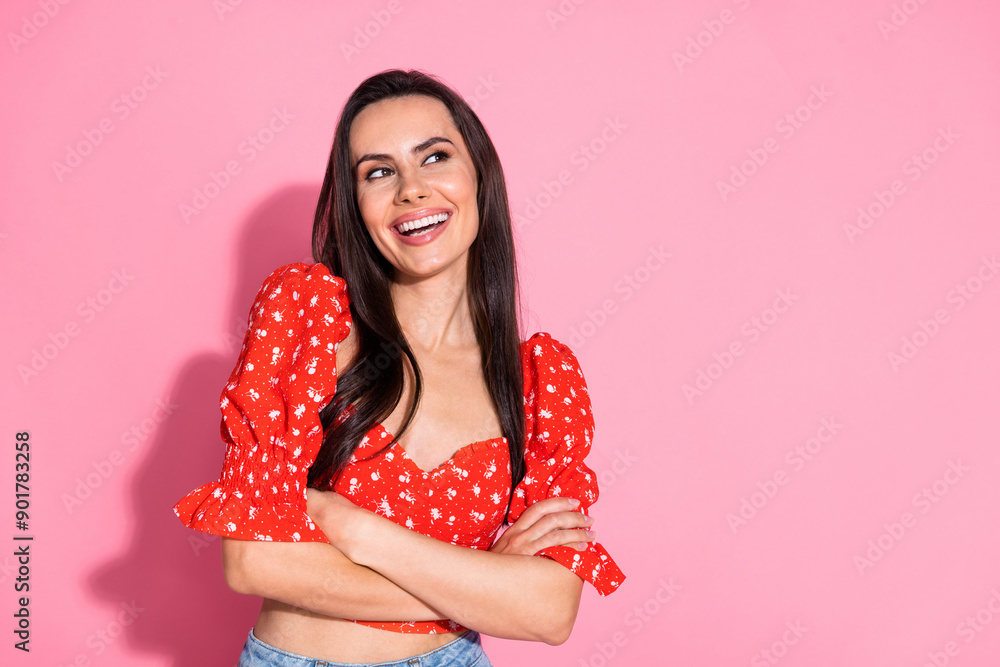 Portrait of nice young lady look empty space laugh wear top isolated on pink color background Portrait of nice young lady look empty space laugh wear top isolated on pink color background