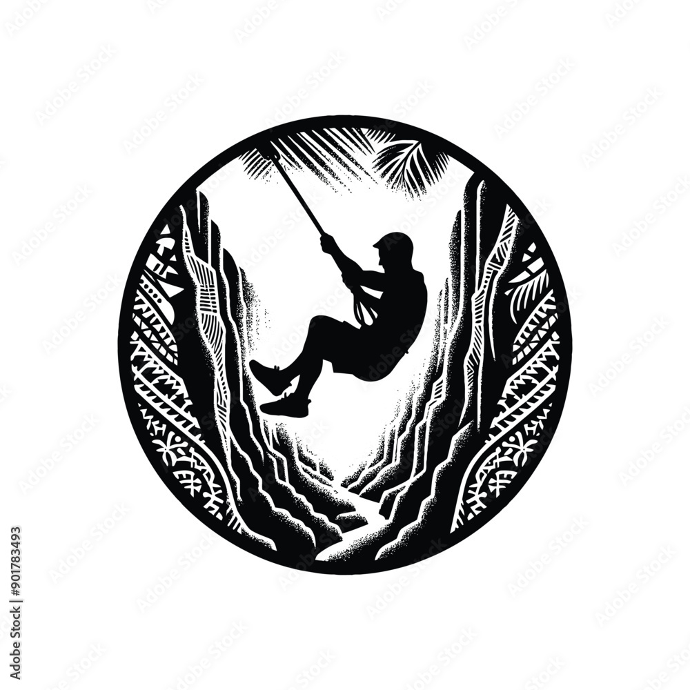 Canyon Swinging sport male player with ethnic polynesia pattern illustration, emblem shield badge Canyon Swinging sport male player with ethnic polynesia pattern illustration, emblem shield badge
