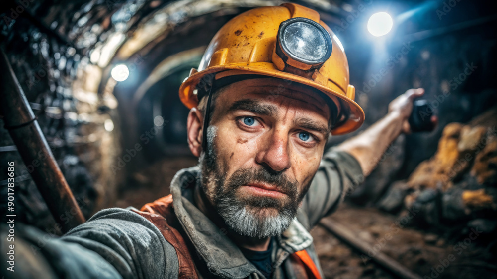 A miner takes a selfie inside a mine, illuminating the dark working world with his flashlight A miner takes a selfie inside a mine, illuminating the dark working world with his flashlight