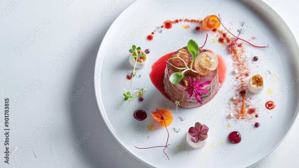 A beautifully plated dish featuring a small portion of gourmet food, arranged artistically on a minimalist white plate A beautifully plated dish featuring a small portion of gourmet food, arranged artistically on a minimalist white plate