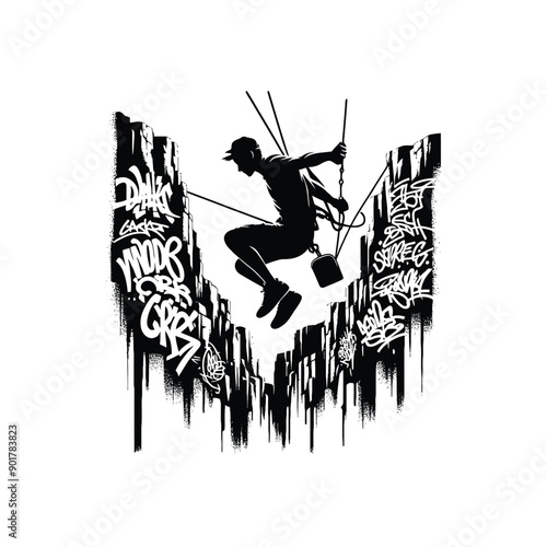 Canyon Swinging sport male player with graffiti tags, street art pattern illustration, emblem shield badge