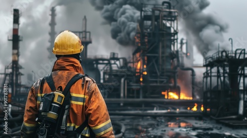 Firefighter at a burning Industrial Plant