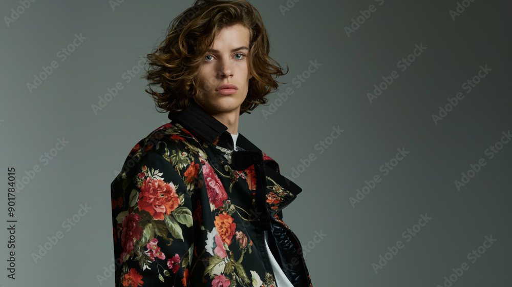 Portrait of attractive man in jacket with a floral pattern. Fashionable clothes with flowers print. Portrait of attractive man in jacket with a floral pattern. Fashionable clothes with flowers print.