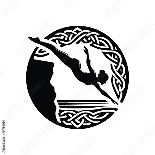 Cliff Diving sport female player with celtic knot, nordic pattern illustration, emblem shield badge shield circle