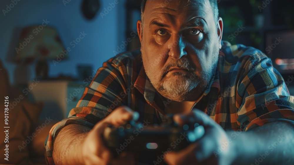 Fat man playing a video game, focused and engaged with a controller Fat man playing a video game, focused and engaged with a controller