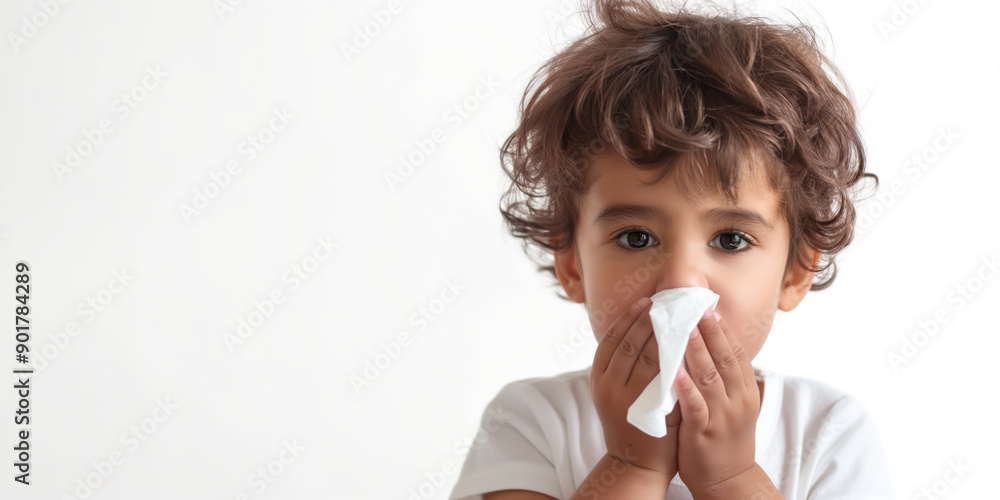 Child blowing nose into napkin on white background. Childhood allergy or flu disease. Child blowing nose into napkin on white background. Childhood allergy or flu disease.