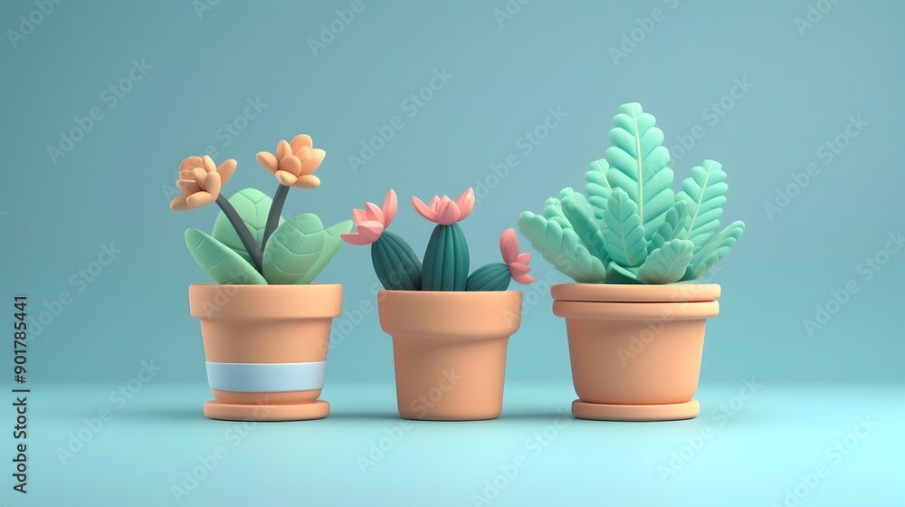 Minimal Potted Succulents Decor with Matte Clay Pots in Cartoon Style Minimal Potted Succulents Decor with Matte Clay Pots in Cartoon Style