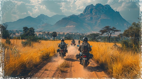 Group of African men on motorcycles traveling through the savannas of Zimbabwe photo