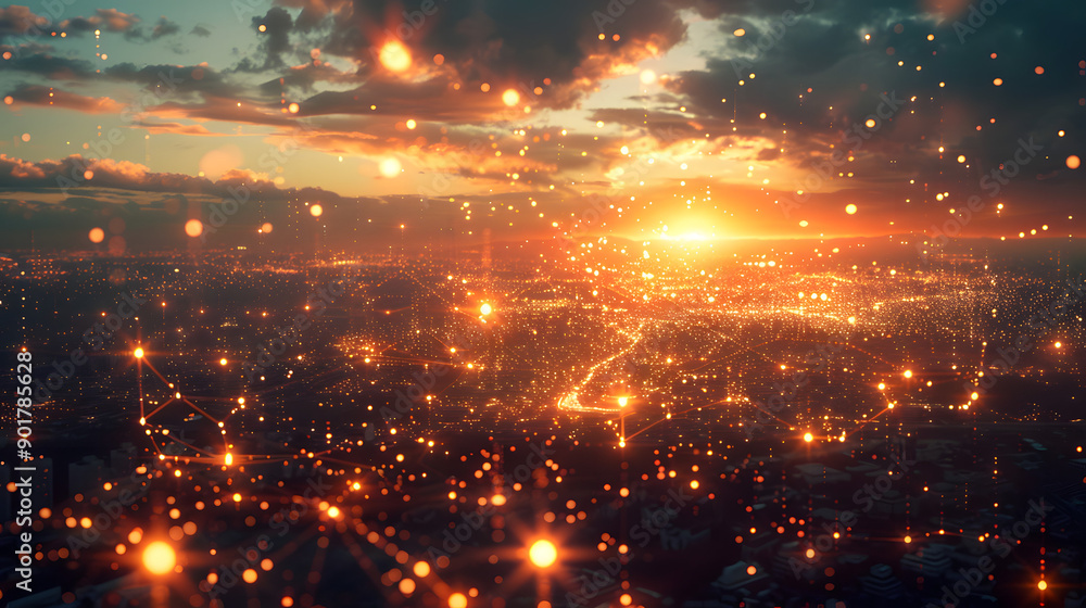 Aerial Sunset View of Financial District, Glowing Network of Lines Representing Wealth Distribution, Aerial Sunset View of Financial District, Glowing Network of Lines Representing Wealth Distribution,