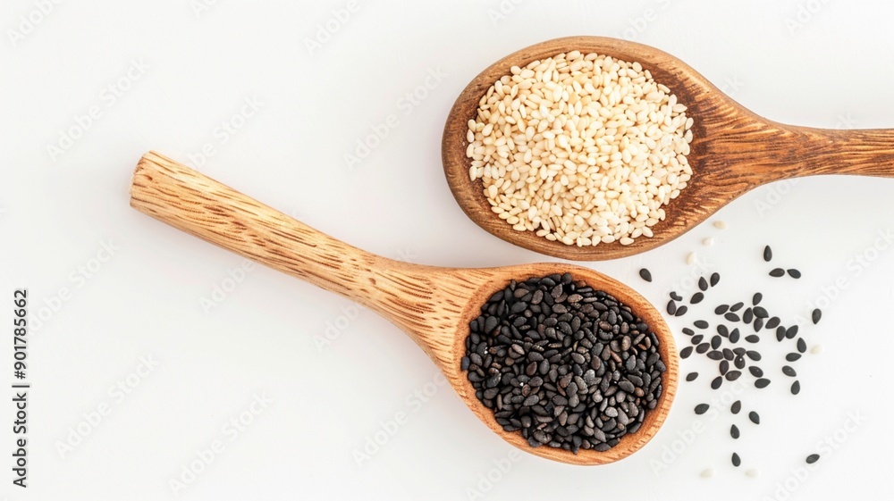 Front view of a wooden scoop filled with Organic White Sesame seeds (Sesamum indicum) or Til. Isolated on a white background.
Front view of a wooden scoop filled with Organic White Sesame seeds (Sesamum indicum) or Til. Isolated on a white background.