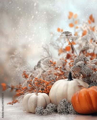 White Pumpkins and Berries on a Fall Table