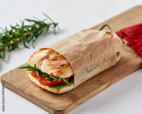 Wrapped Sandwich on Cutting Board