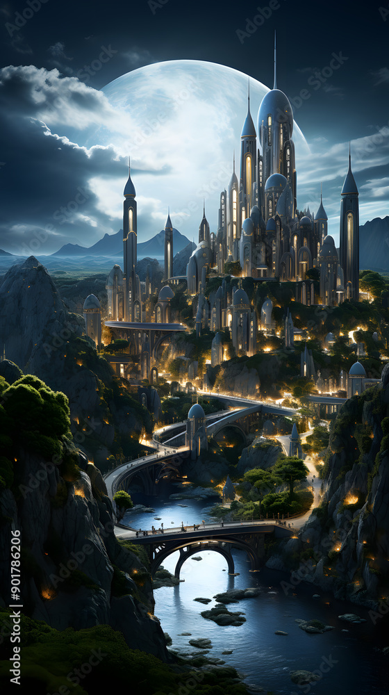 A futuristic city nestled in a mountain range, illuminated by lights and a large moon. Bridges connect the city across a winding river. A futuristic city nestled in a mountain range, illuminated by lights and a large moon. Bridges connect the city across a winding river.