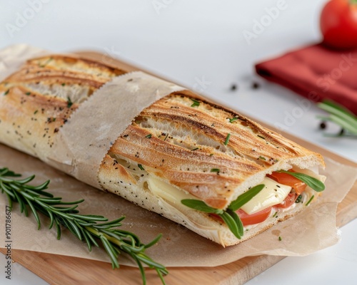 Wrapped Sandwich on Cutting Board