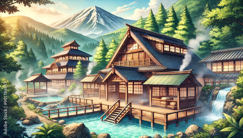 Fototapeta premium Relaxing mountain retreat featuring traditional architecture, hot springs, and stunning natural scenery. Perfect for rejuvenation.